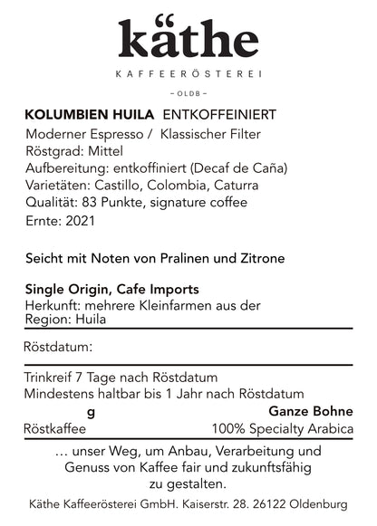 Kolumbien, Huila, Entkoffeiniert | Filterkaffee oder moderner Espresso